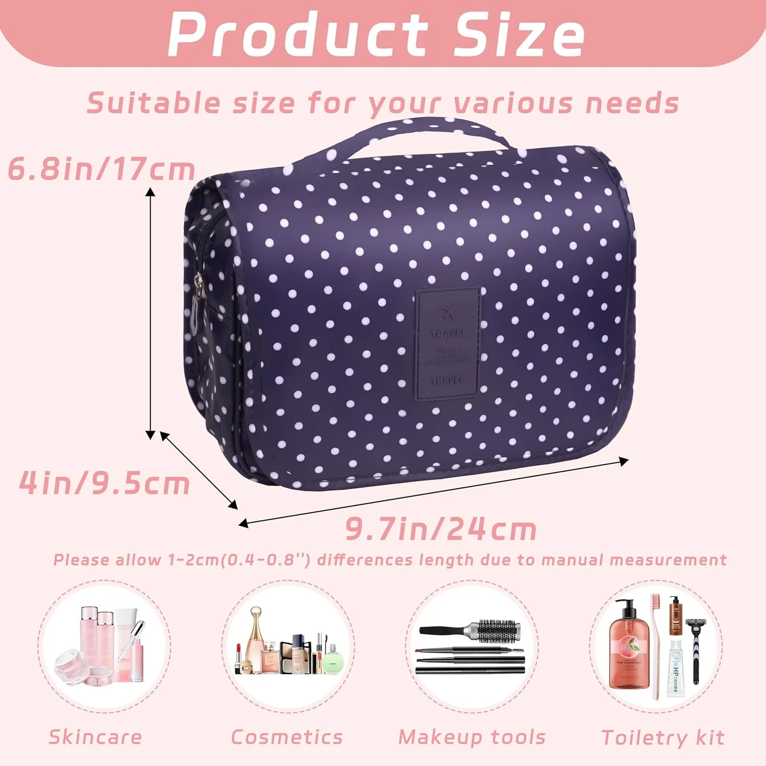Toiletry Bag Travel Bag with Hanging Hook, Waterproof Capacity Hanging Multifunctional Makeup Bag for Toiletries, Portable Cosmetic Bag Travel Organizer for Women and Men(Navy Dot)
