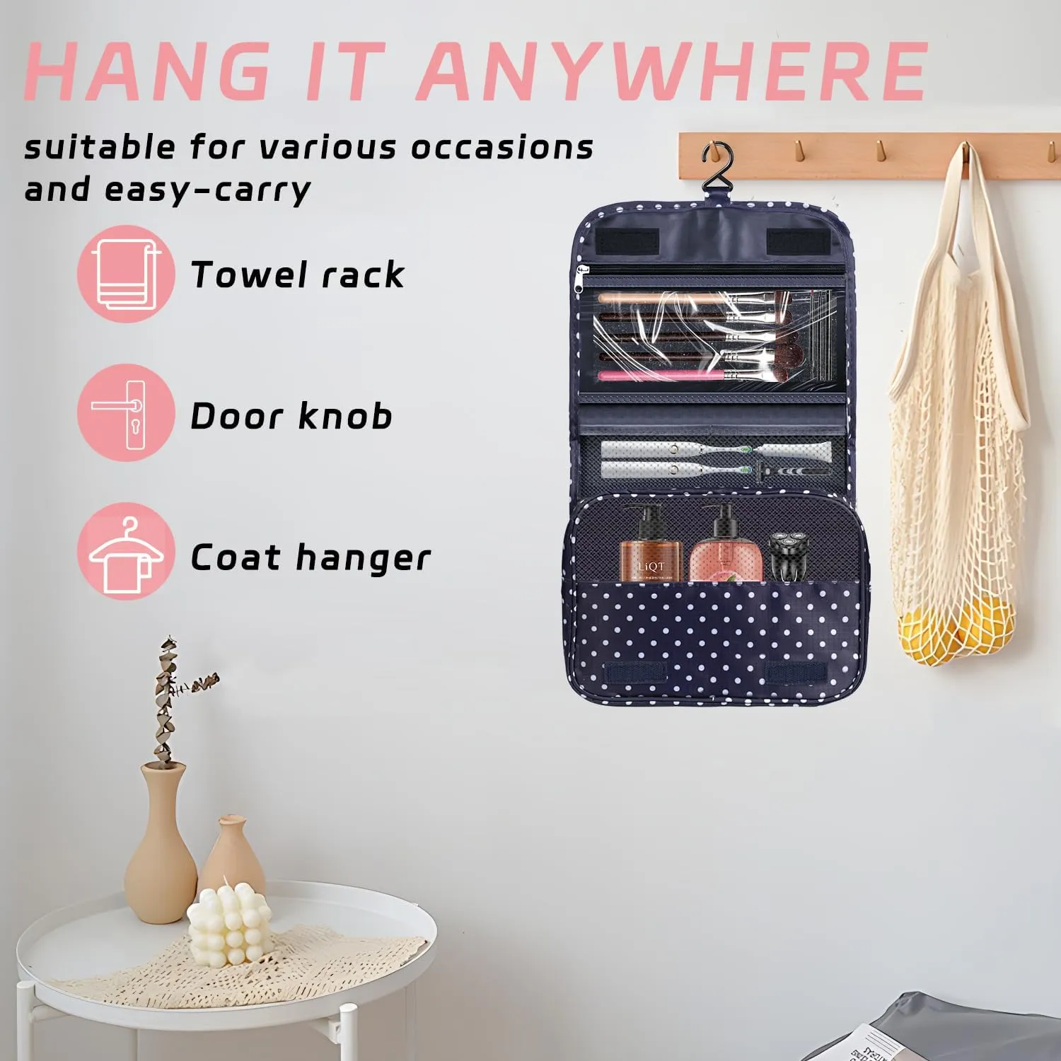Toiletry Bag Travel Bag with Hanging Hook, Waterproof Capacity Hanging Multifunctional Makeup Bag for Toiletries, Portable Cosmetic Bag Travel Organizer for Women and Men(Navy Dot)