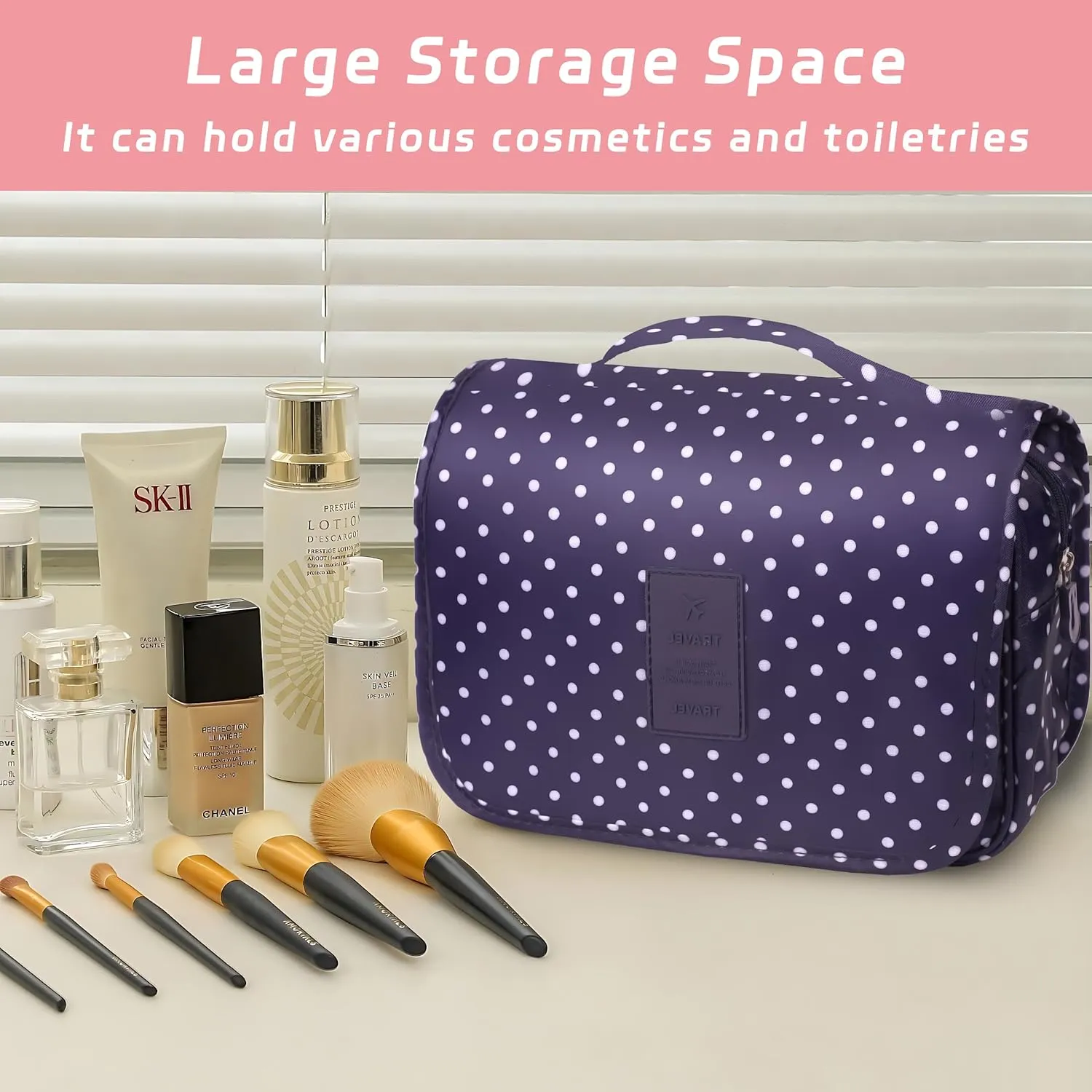Toiletry Bag Travel Bag with Hanging Hook, Waterproof Capacity Hanging Multifunctional Makeup Bag for Toiletries, Portable Cosmetic Bag Travel Organizer for Women and Men(Navy Dot)