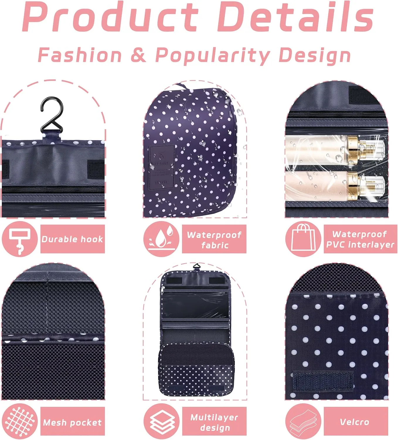 Toiletry Bag Travel Bag with Hanging Hook, Waterproof Capacity Hanging Multifunctional Makeup Bag for Toiletries, Portable Cosmetic Bag Travel Organizer for Women and Men(Navy Dot)