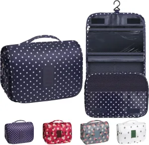 Toiletry Bag Travel Bag with Hanging Hook, Waterproof Capacity Hanging Multifunctional Makeup Bag for Toiletries, Portable Cosmetic Bag Travel Organizer for Women and Men(Navy Dot)