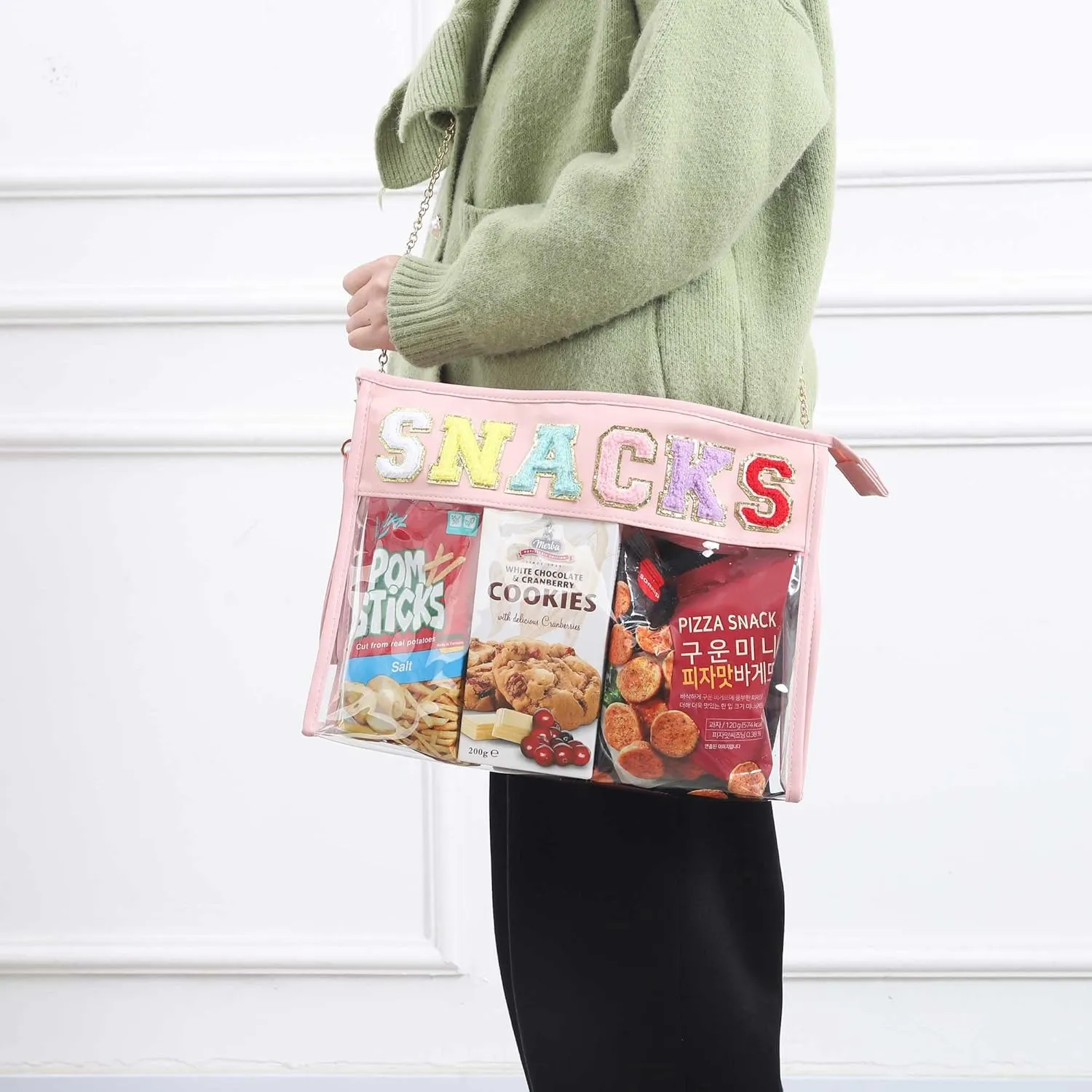 TopTTanBo Chenille Letter Clear Bag Purse Multi-purpose Transparent Waterproof Snacks Makeup Tote Bag with Wrist Strap