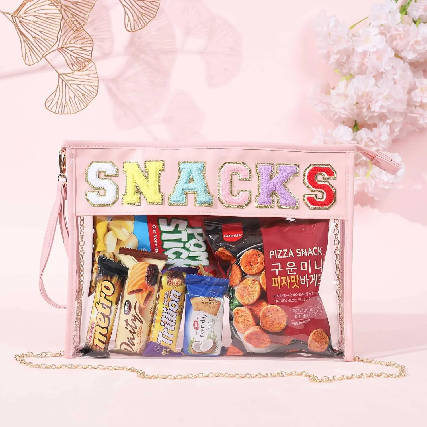 TopTTanBo Chenille Letter Clear Bag Purse Multi-purpose Transparent Waterproof Snacks Makeup Tote Bag with Wrist Strap