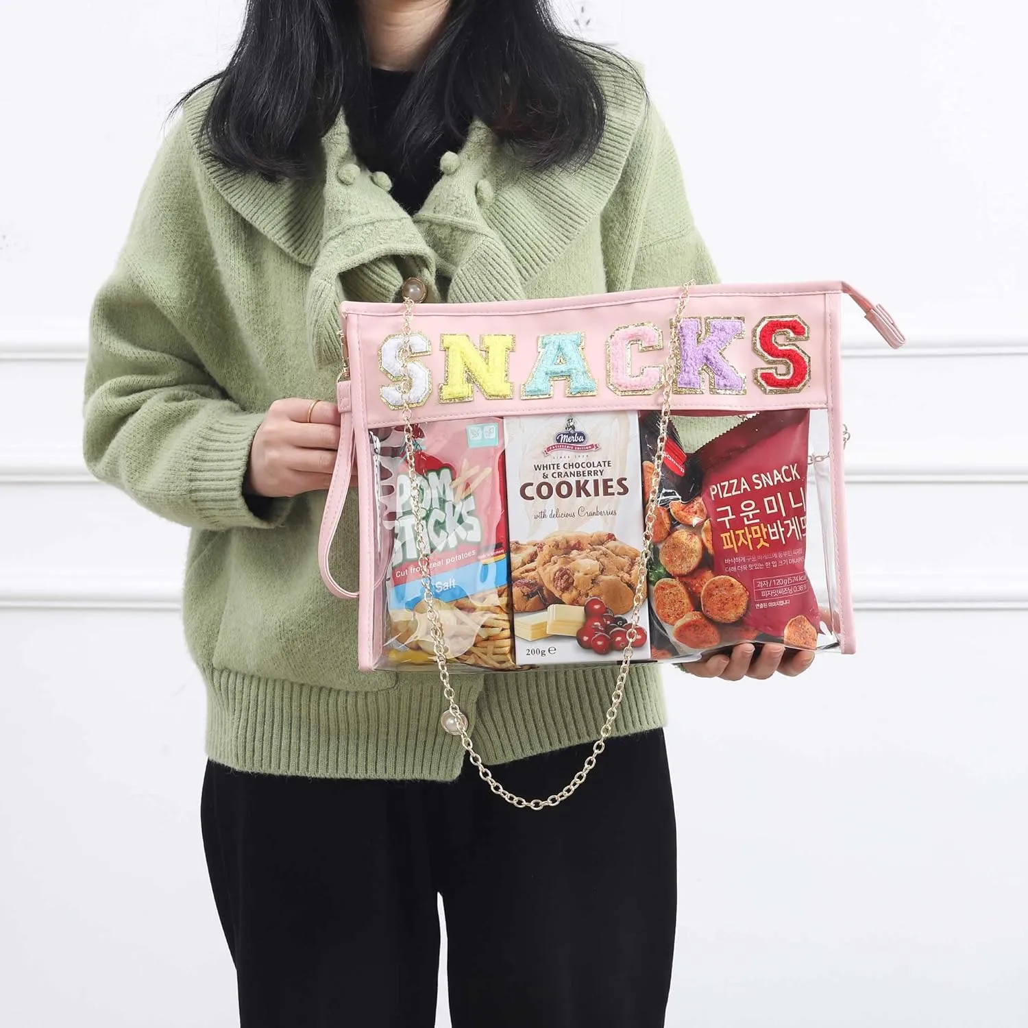 TopTTanBo Chenille Letter Clear Bag Purse Multi-purpose Transparent Waterproof Snacks Makeup Tote Bag with Wrist Strap