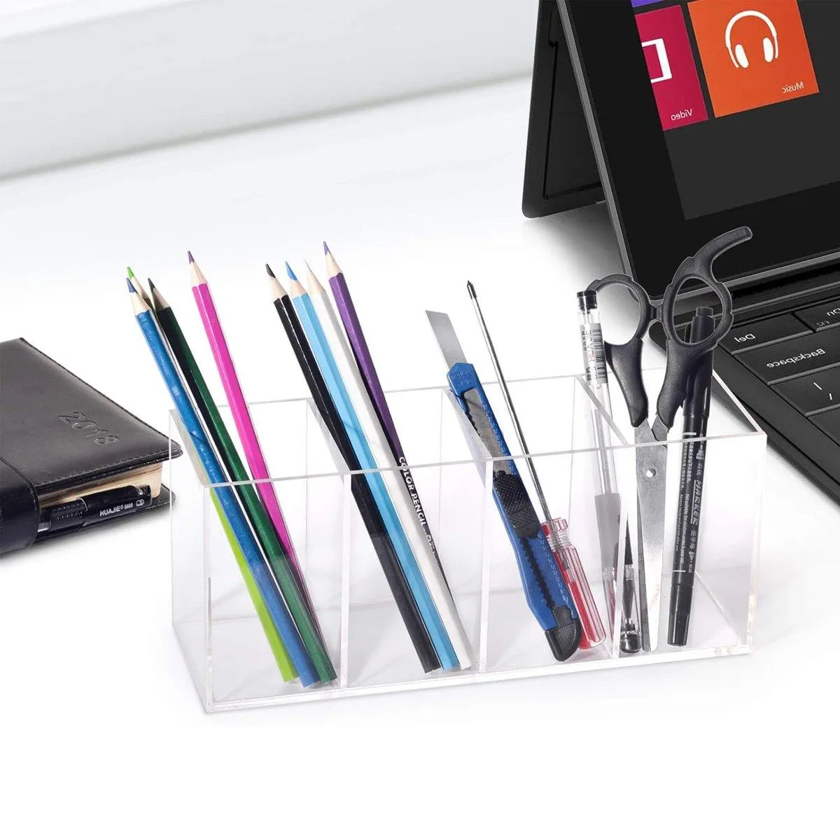 Transparent Acrylic Storage Box with Four Compartments Organiser for Home Office
