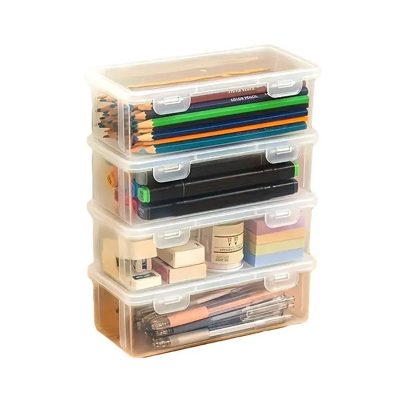 Transparent Stationery Organiser Box with Lid Pencil Pen Case Holder 4pcs Set