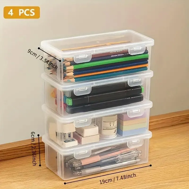 Transparent Stationery Organiser Box with Lid Pencil Pen Case Holder 4pcs Set