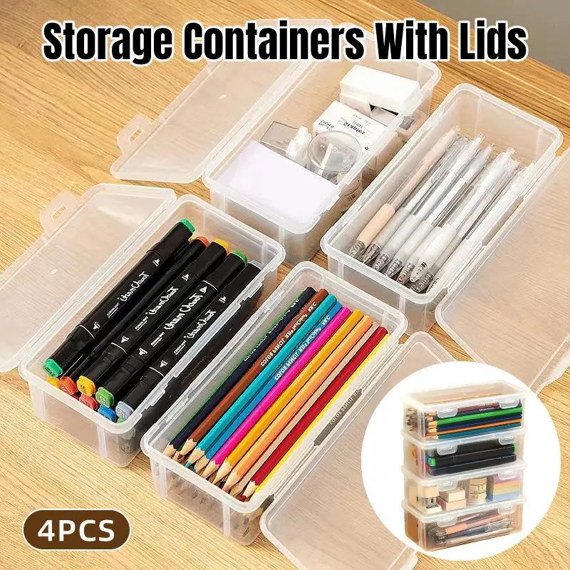 Transparent Stationery Organiser Box with Lid Pencil Pen Case Holder 4pcs Set