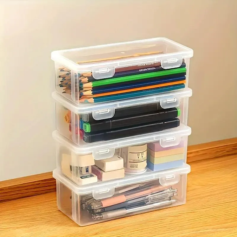Transparent Stationery Organiser Box with Lid Pencil Pen Case Holder 4pcs Set