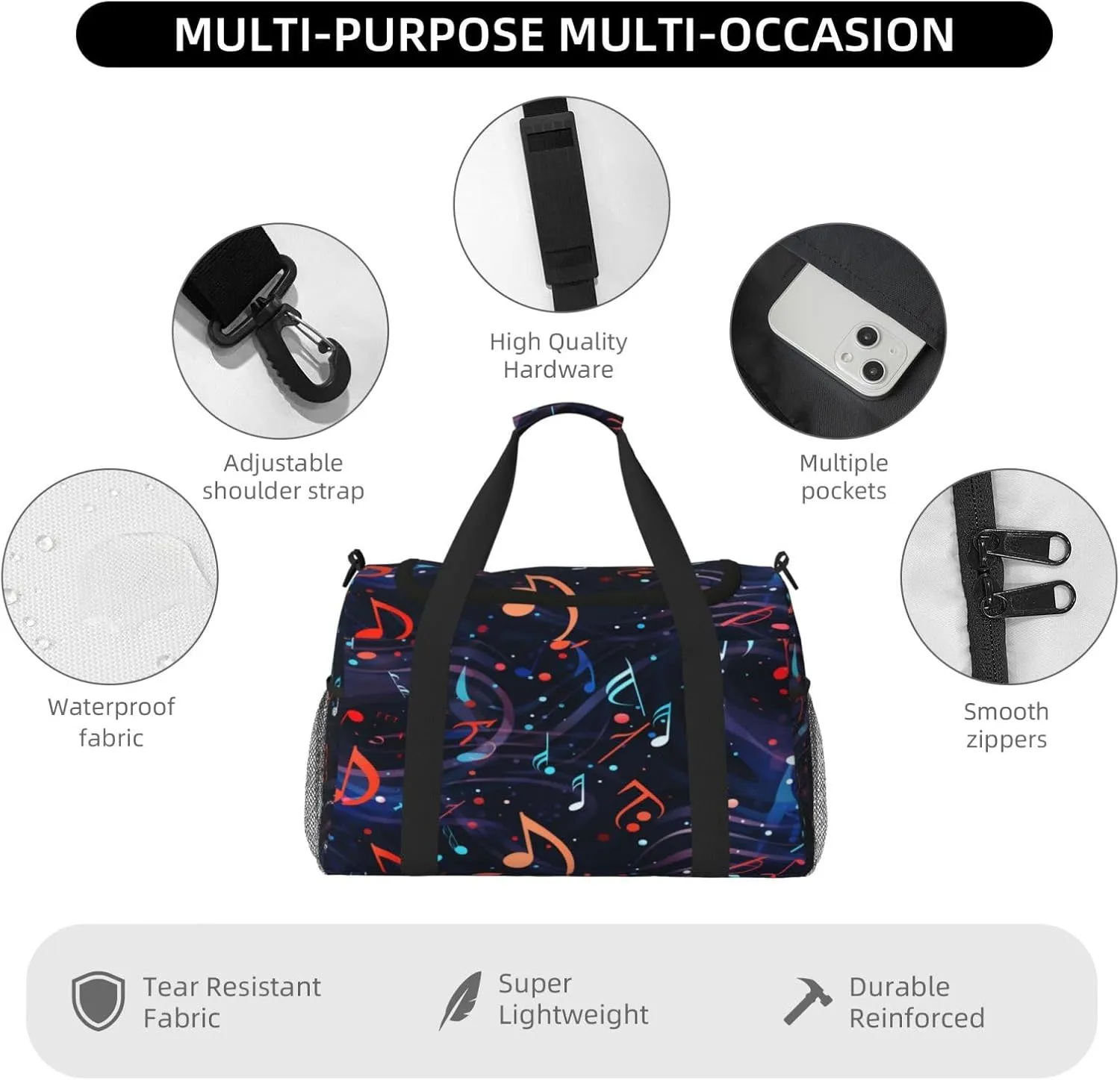 Travel Duffel Bag For Men Women, Colorful Music Notes Pattern Carry On Sport Gym Bag With Shoulder Strap Lightweight Waterproof Weekender Bag Overnight Bag