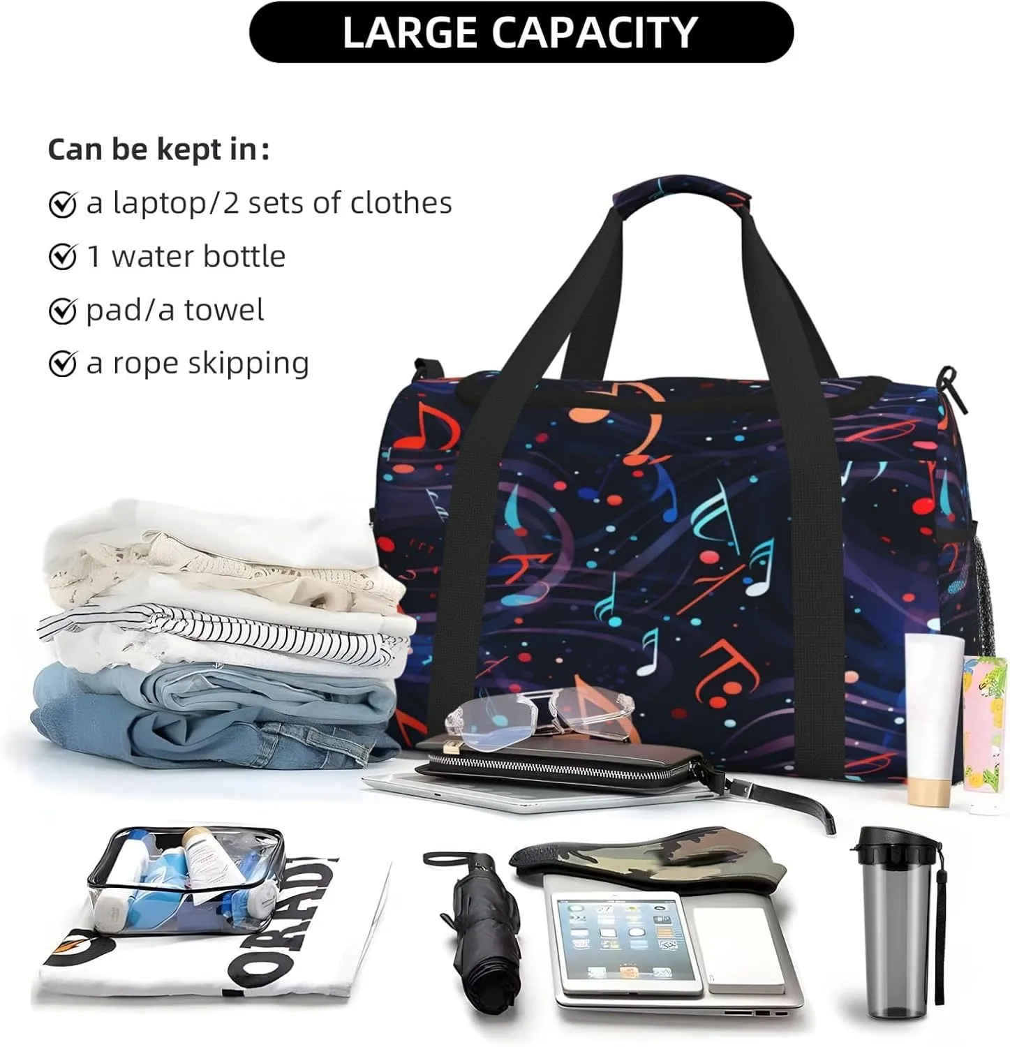 Travel Duffel Bag For Men Women, Colorful Music Notes Pattern Carry On Sport Gym Bag With Shoulder Strap Lightweight Waterproof Weekender Bag Overnight Bag