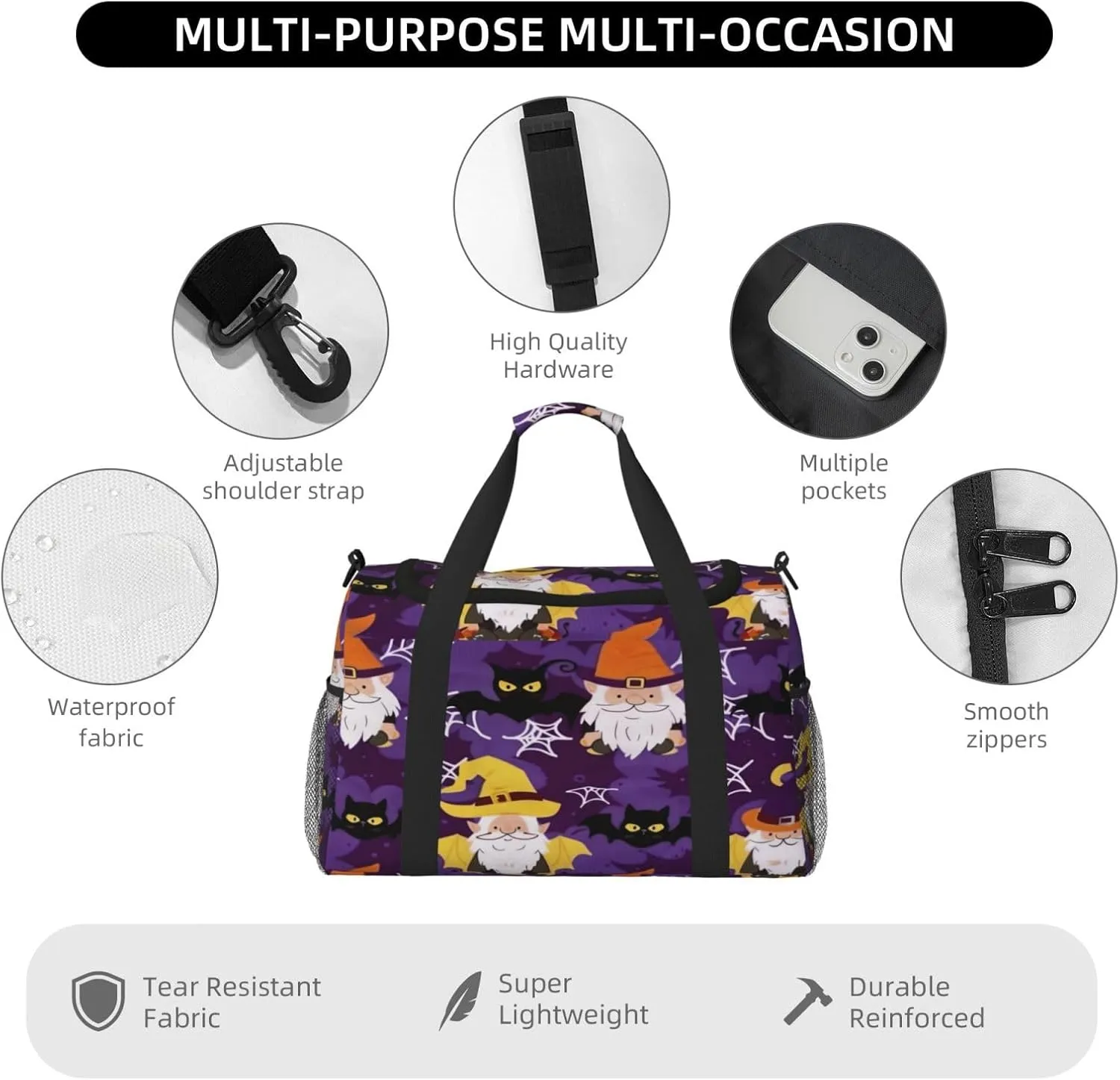 Travel Duffel Bag For Men Women, Cute Halloween Genomes Witch Bats Carry On Sport Gym Bag With Shoulder Strap Lightweight Waterproof Weekender Bag Overnight Bag
