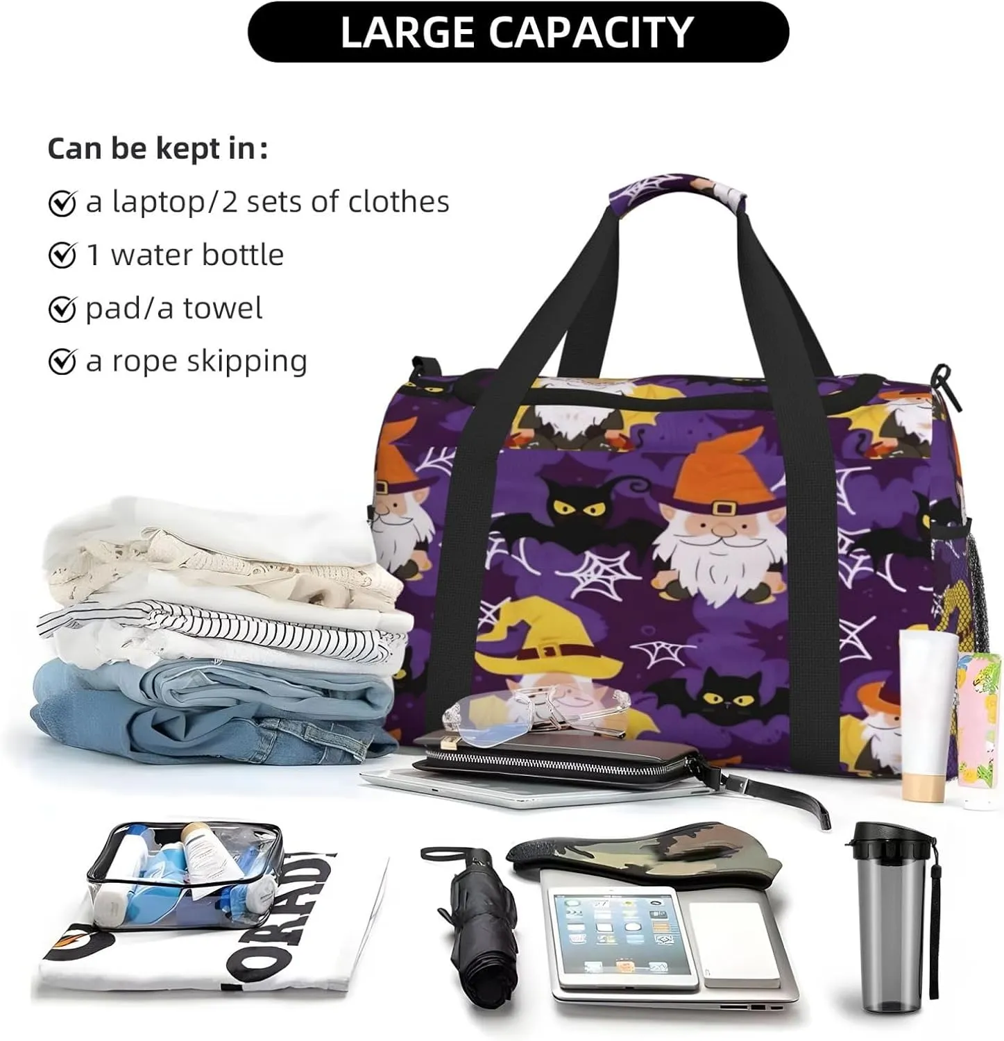 Travel Duffel Bag For Men Women, Cute Halloween Genomes Witch Bats Carry On Sport Gym Bag With Shoulder Strap Lightweight Waterproof Weekender Bag Overnight Bag