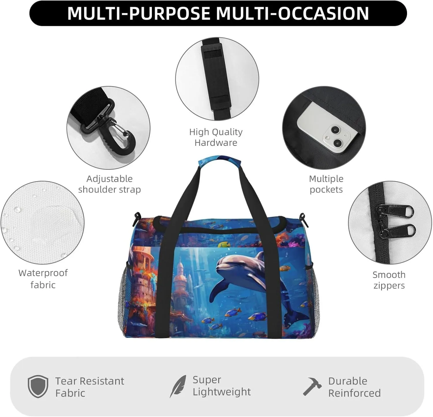 Travel Duffel Bag For Men Women, Dolphin Underwater Tropical Fish Pattern Carry On Sport Gym Bag With Shoulder Strap Lightweight Waterproof Weekender Bag Overnight Bag