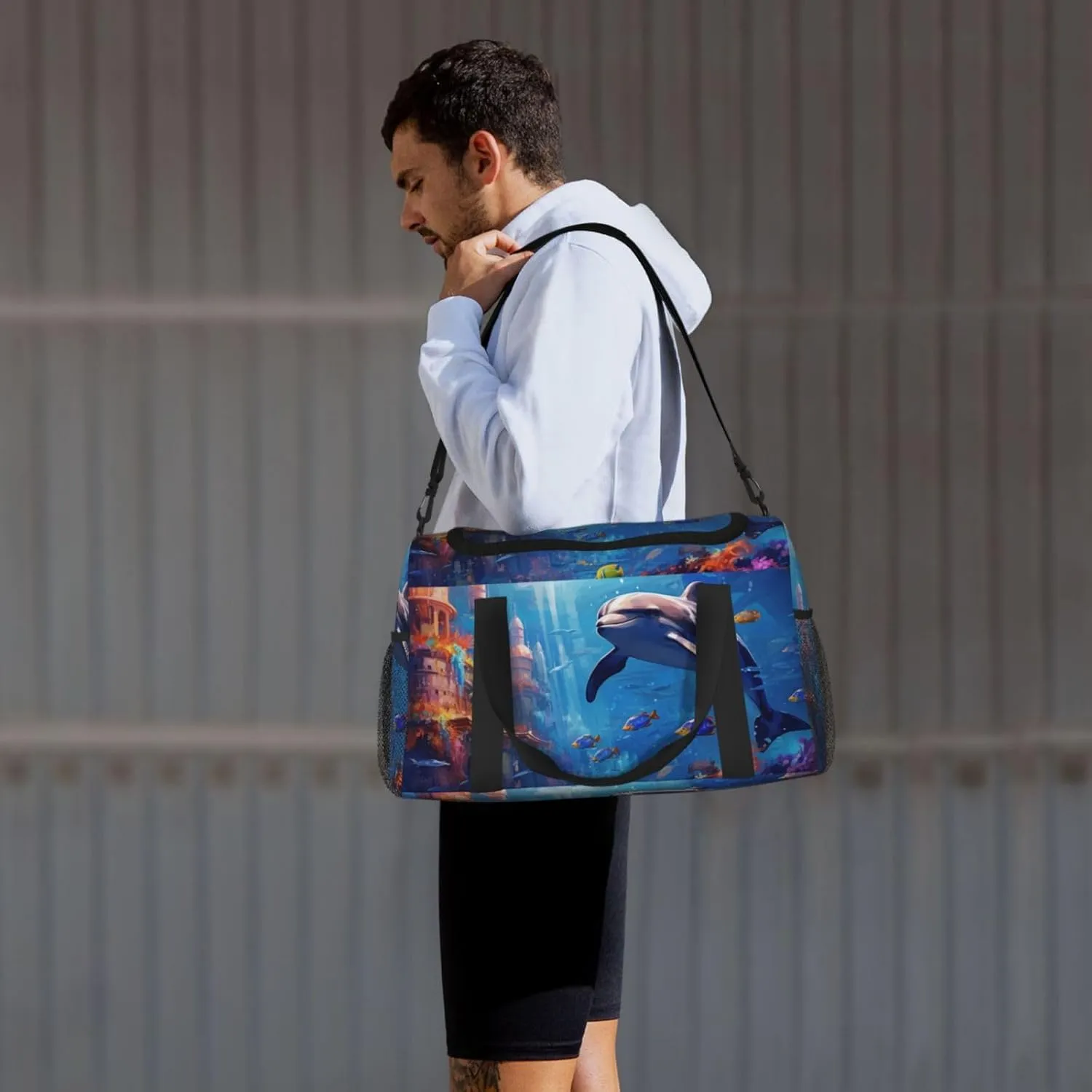 Travel Duffel Bag For Men Women, Dolphin Underwater Tropical Fish Pattern Carry On Sport Gym Bag With Shoulder Strap Lightweight Waterproof Weekender Bag Overnight Bag