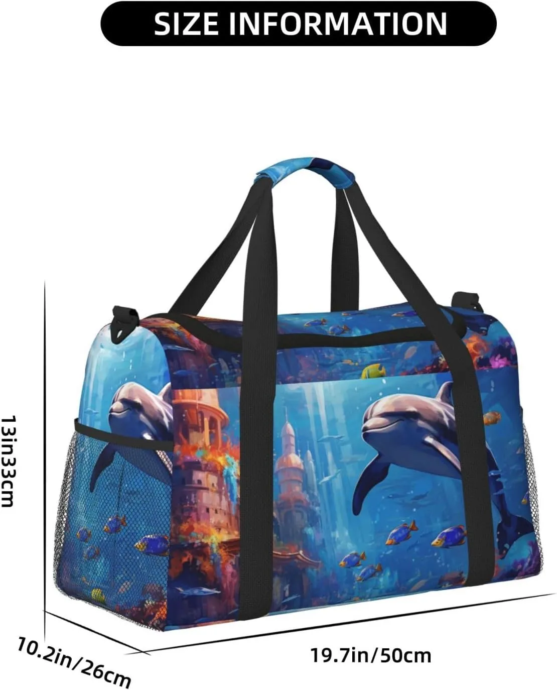 Travel Duffel Bag For Men Women, Dolphin Underwater Tropical Fish Pattern Carry On Sport Gym Bag With Shoulder Strap Lightweight Waterproof Weekender Bag Overnight Bag