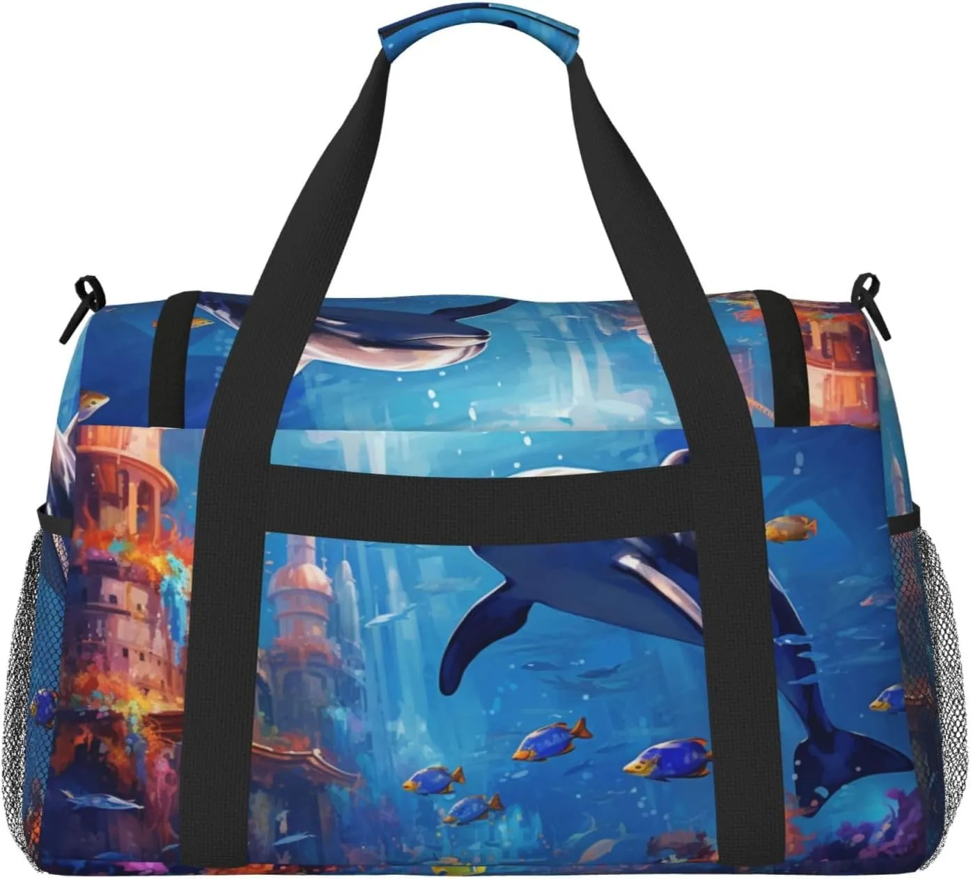 Travel Duffel Bag For Men Women, Dolphin Underwater Tropical Fish Pattern Carry On Sport Gym Bag With Shoulder Strap Lightweight Waterproof Weekender Bag Overnight Bag