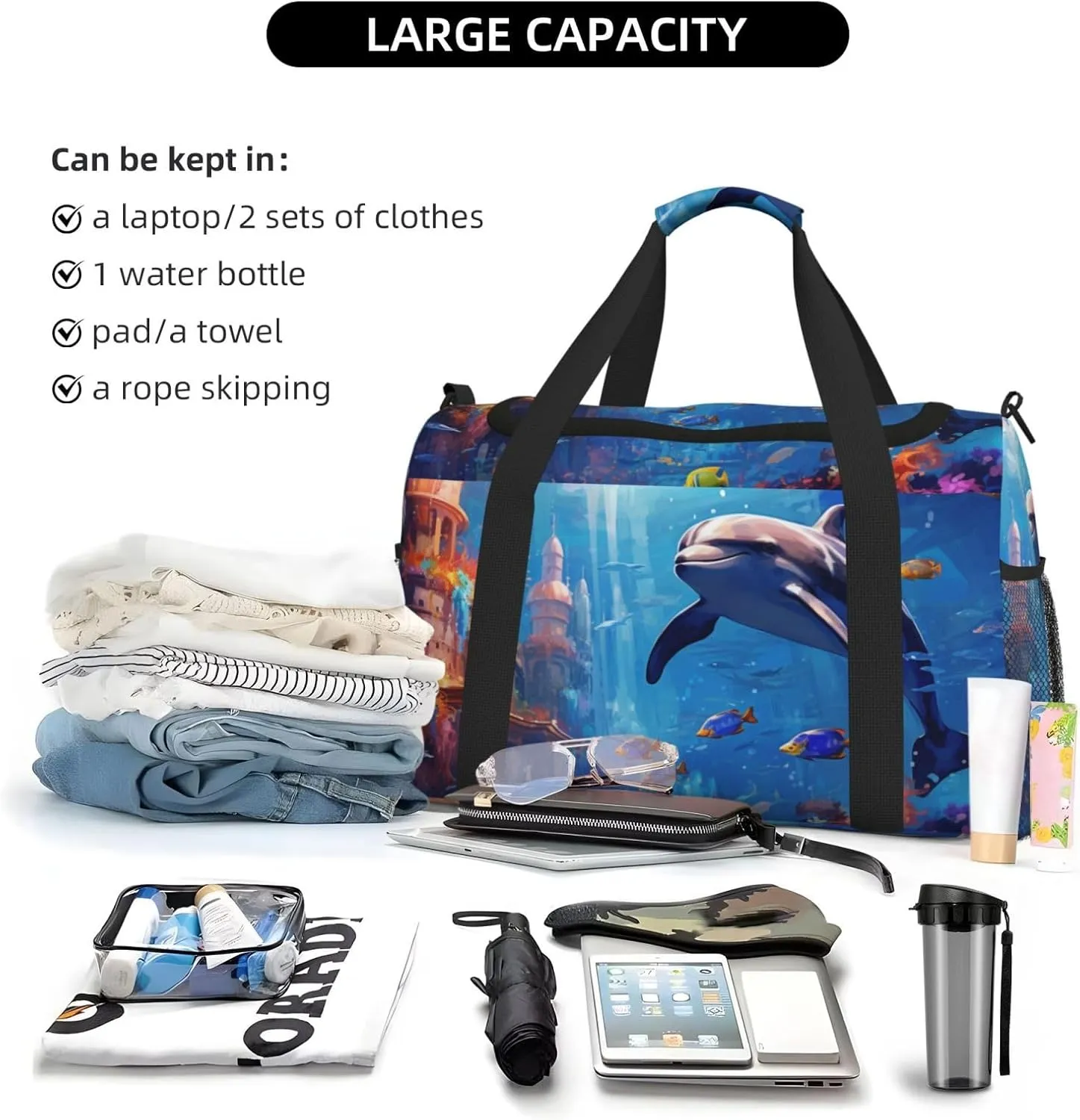 Travel Duffel Bag For Men Women, Dolphin Underwater Tropical Fish Pattern Carry On Sport Gym Bag With Shoulder Strap Lightweight Waterproof Weekender Bag Overnight Bag