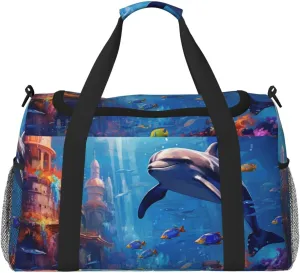 Travel Duffel Bag For Men Women, Dolphin Underwater Tropical Fish Pattern Carry On Sport Gym Bag With Shoulder Strap Lightweight Waterproof Weekender Bag Overnight Bag