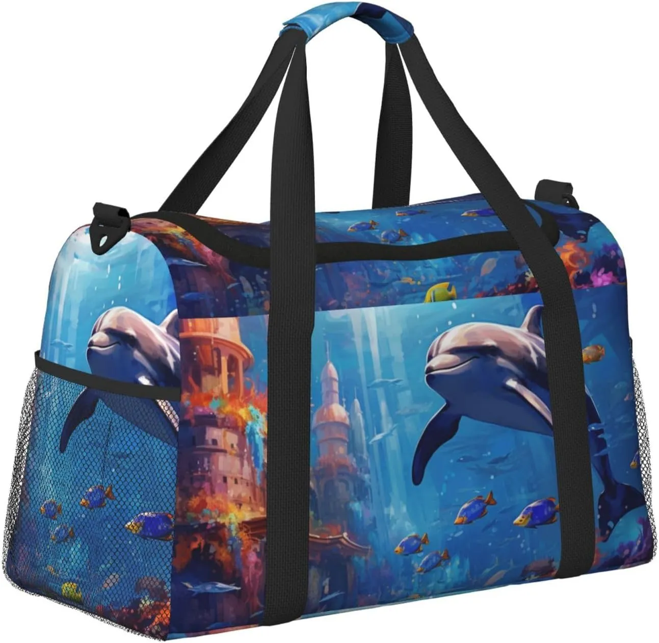 Travel Duffel Bag For Men Women, Dolphin Underwater Tropical Fish Pattern Carry On Sport Gym Bag With Shoulder Strap Lightweight Waterproof Weekender Bag Overnight Bag