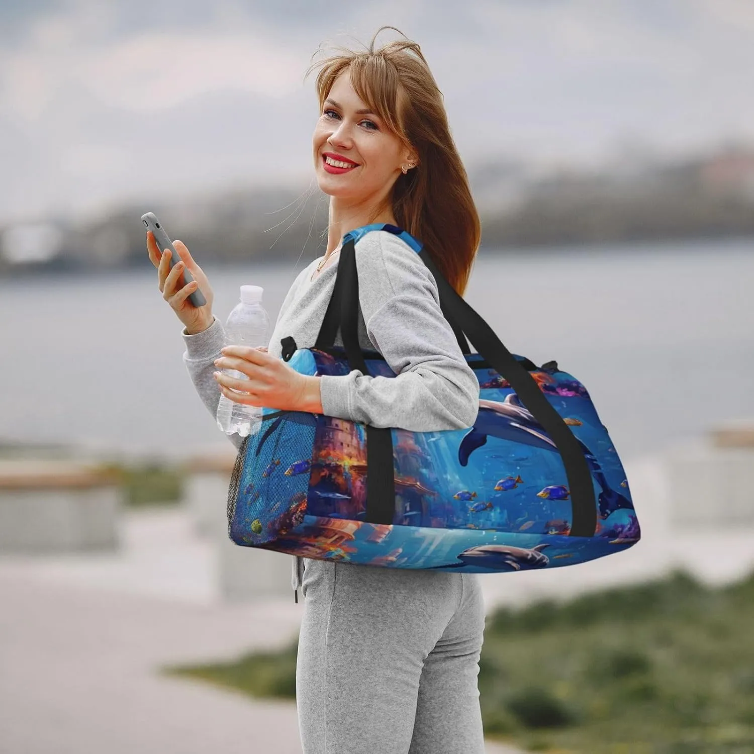 Travel Duffel Bag For Men Women, Dolphin Underwater Tropical Fish Pattern Carry On Sport Gym Bag With Shoulder Strap Lightweight Waterproof Weekender Bag Overnight Bag