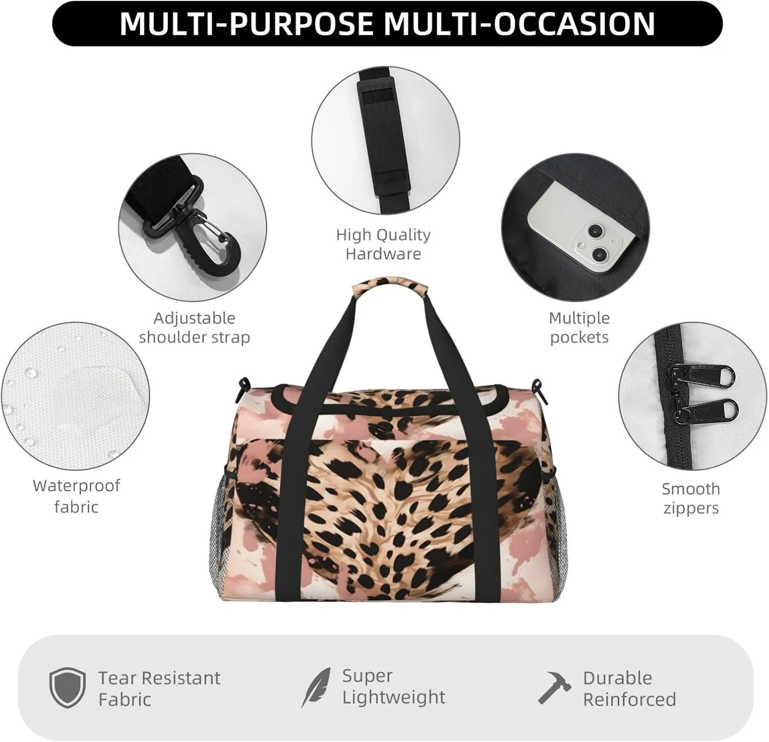 Travel Duffel Bag For Men Women, Leopard Print Love Heart Art Carry On Sport Gym Bag With Shoulder Strap Lightweight Waterproof Weekender Bag Overnight Bag
