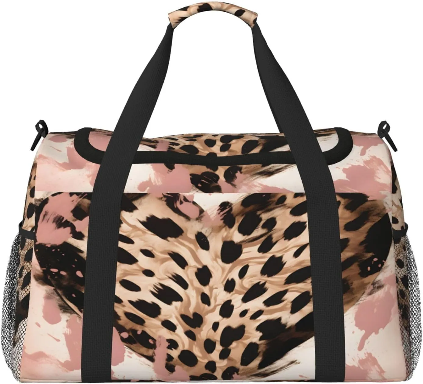 Travel Duffel Bag For Men Women, Leopard Print Love Heart Art Carry On Sport Gym Bag With Shoulder Strap Lightweight Waterproof Weekender Bag Overnight Bag
