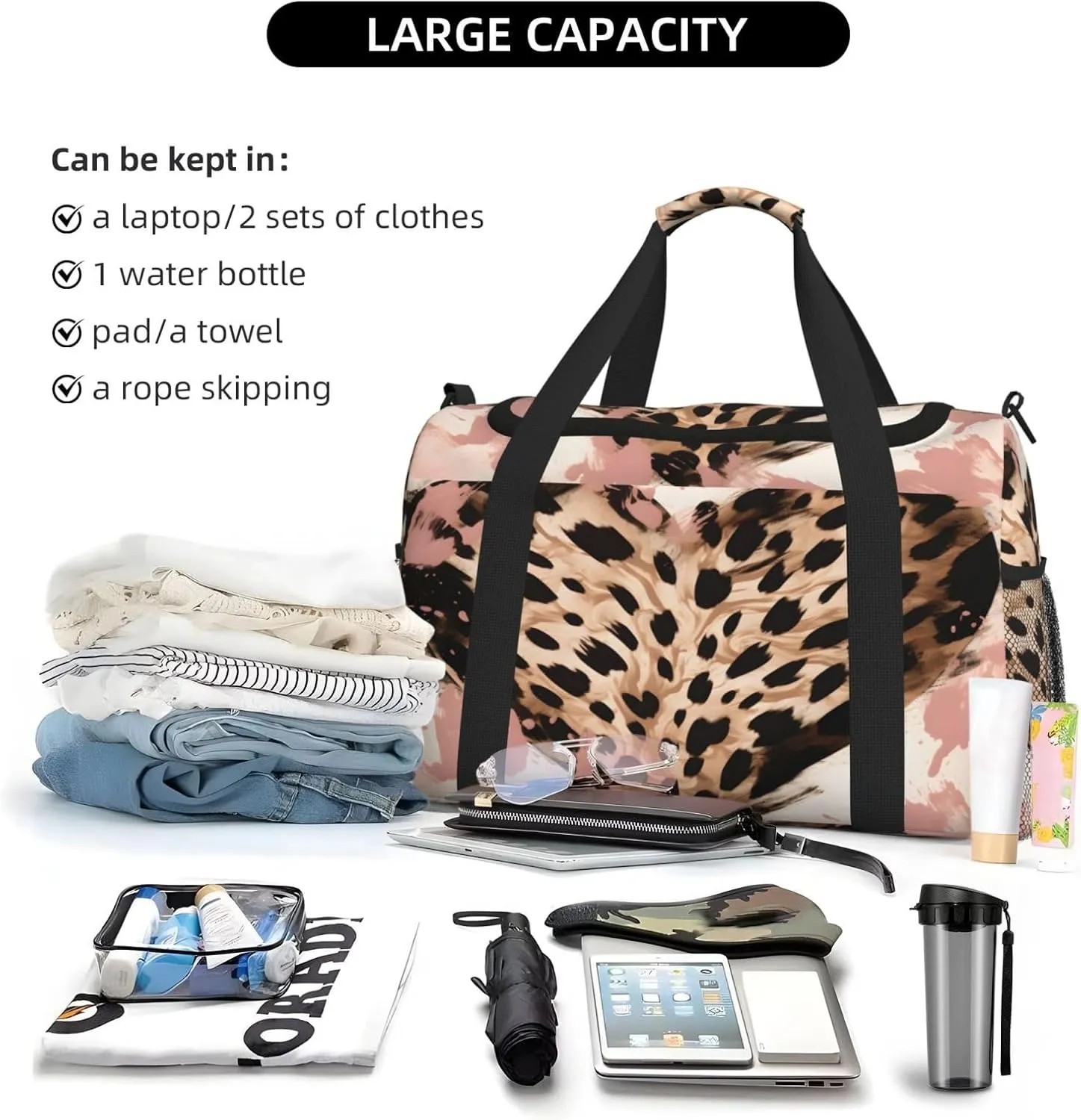 Travel Duffel Bag For Men Women, Leopard Print Love Heart Art Carry On Sport Gym Bag With Shoulder Strap Lightweight Waterproof Weekender Bag Overnight Bag