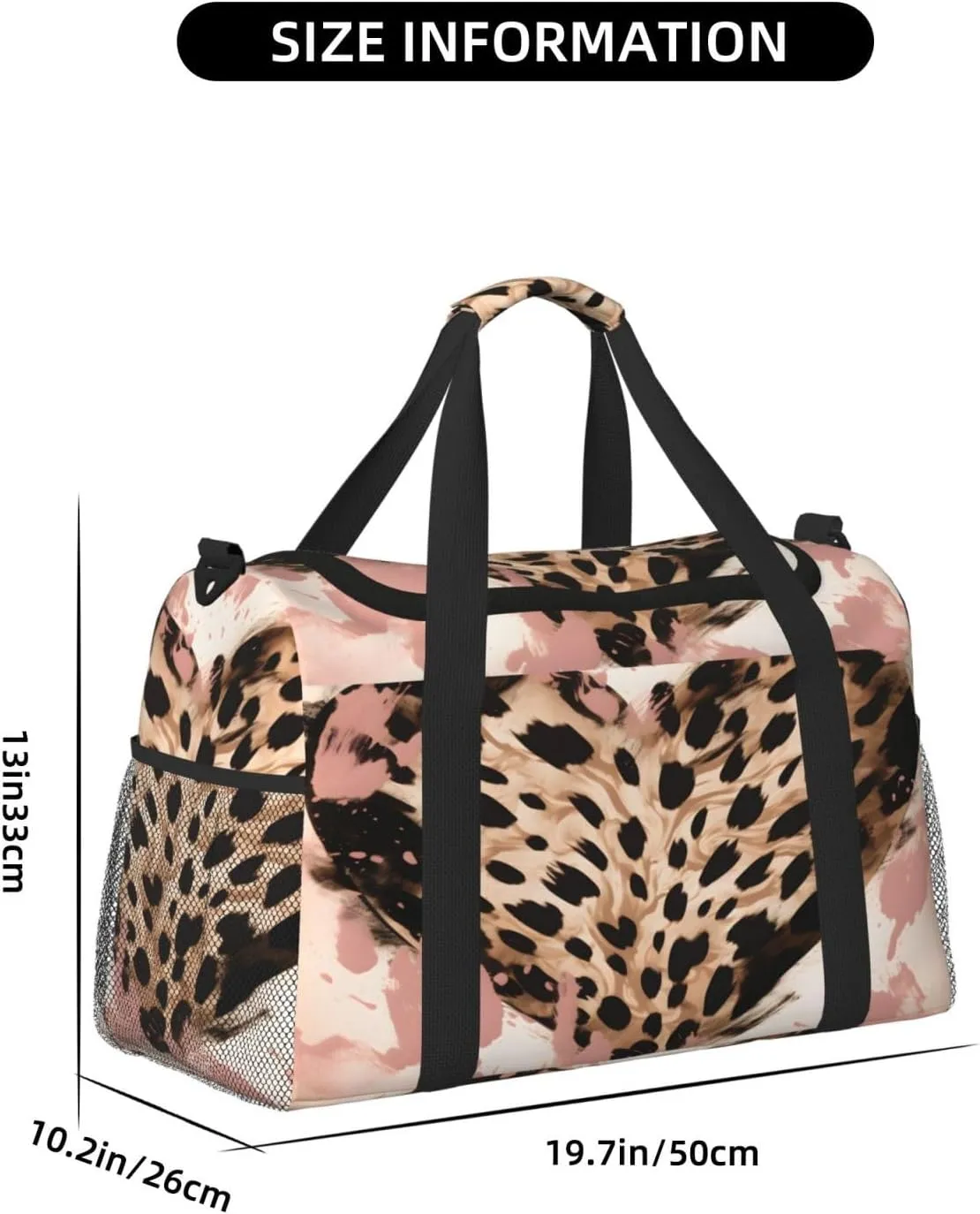 Travel Duffel Bag For Men Women, Leopard Print Love Heart Art Carry On Sport Gym Bag With Shoulder Strap Lightweight Waterproof Weekender Bag Overnight Bag