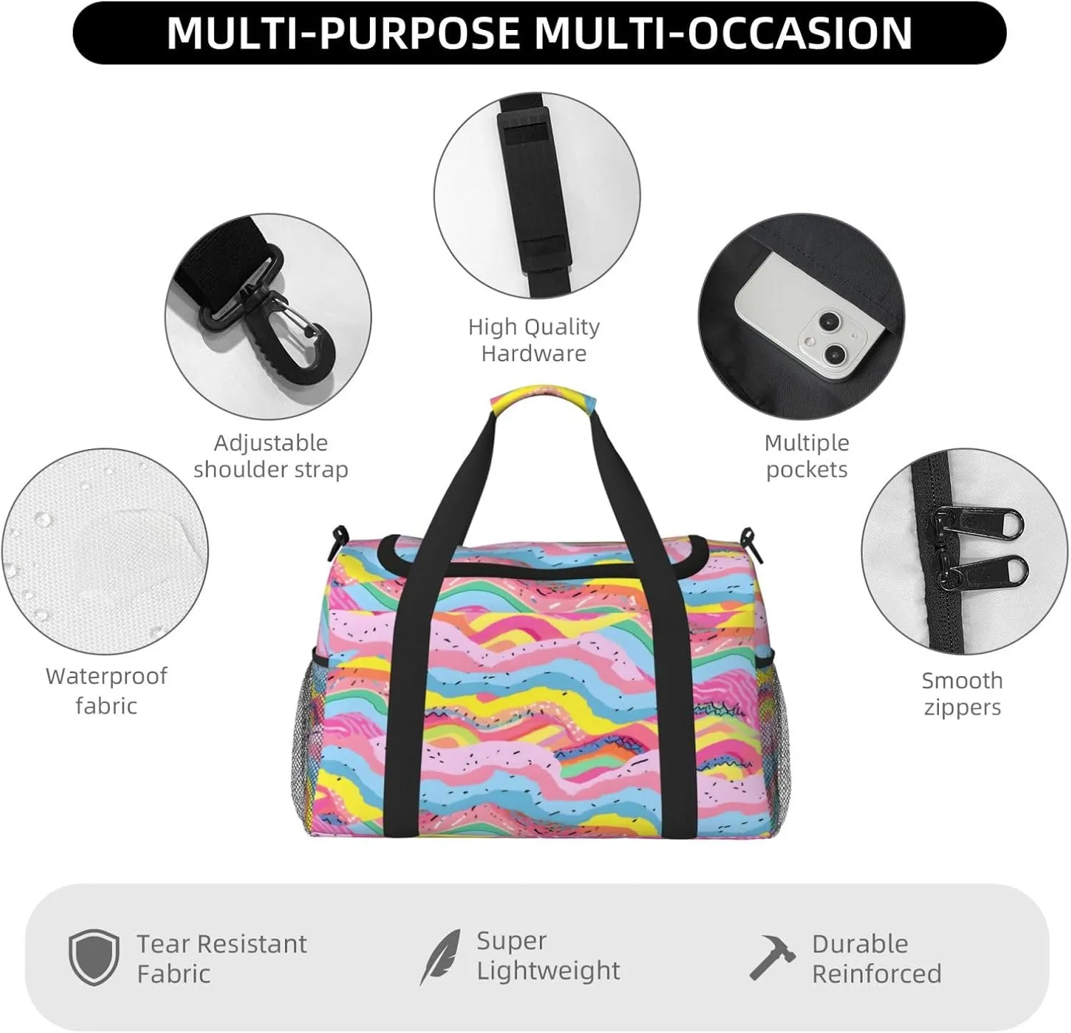 Travel Duffel Bag For Men Women, Rainbow Cartoon Stripes Carry On Sport Gym Bag With Shoulder Strap Lightweight Waterproof Weekender Bag Overnight Bag
