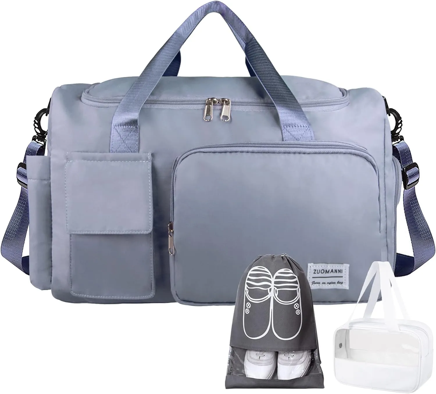 Travel Duffel Bag, Large Weekender Overnight Bag with Shoes Compartment, Personal Tote Bag for Women or Men, Waterproof Carry-on Bag with Clear Cosmetic Bag, Shoe Bag, 3Pcs Set (Blue)