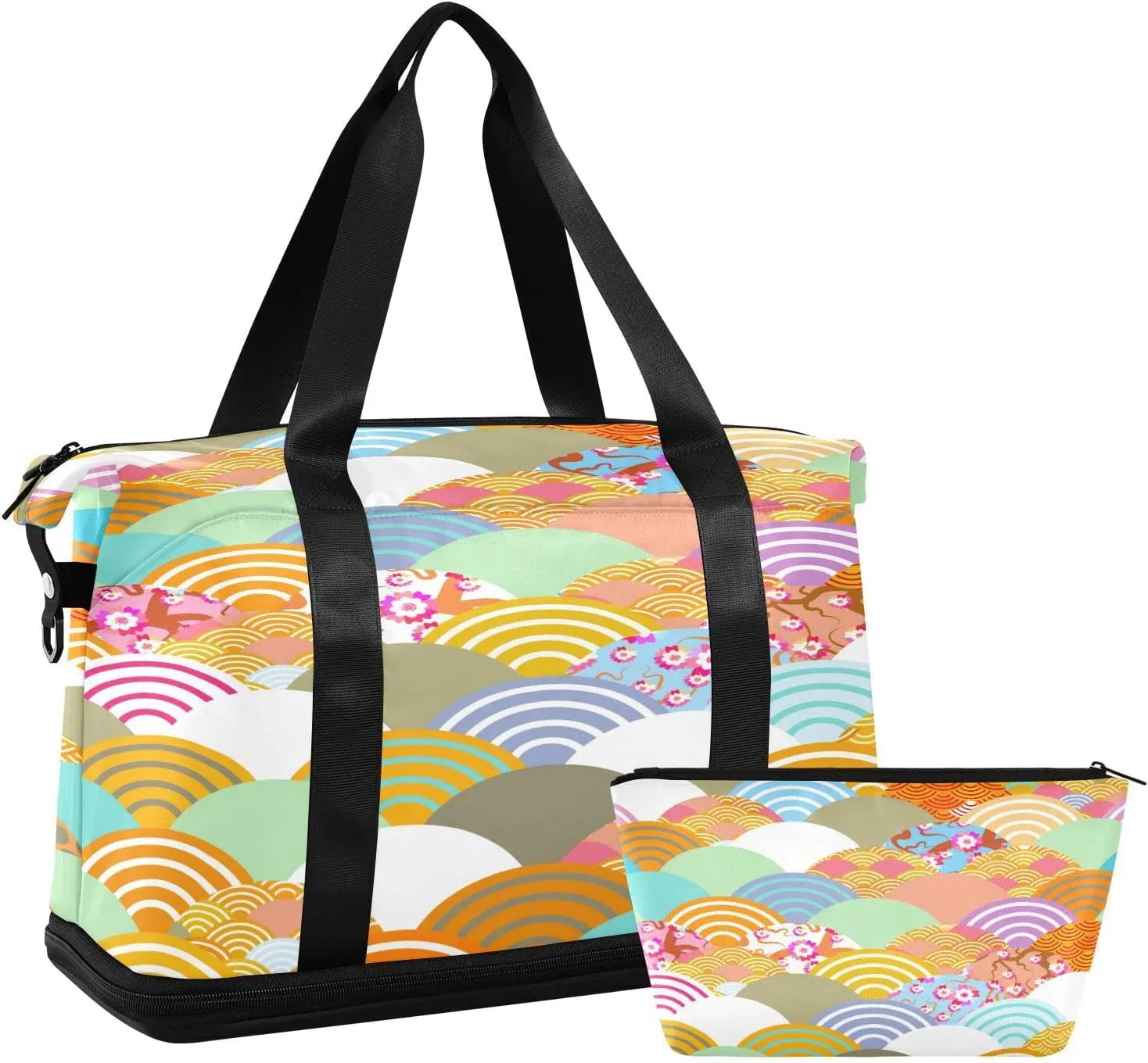 Travel Duffel Bag with Toiletry Bag, Large Sports Tote Gym Bag, Waterproof Packable Duffle Bag with Shoe Compartment, Colorful Fish Scales Weekender Overnight Bag Gym Bag for Women Men