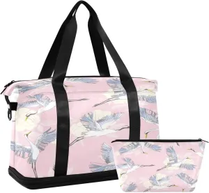 Travel Duffel Bag with Toiletry Bag, Large Sports Tote Gym Bag, Waterproof Packable Duffle Bag with Shoe Compartment, White Crane on Pink Weekender Overnight Bag Gym Bag for Women Men