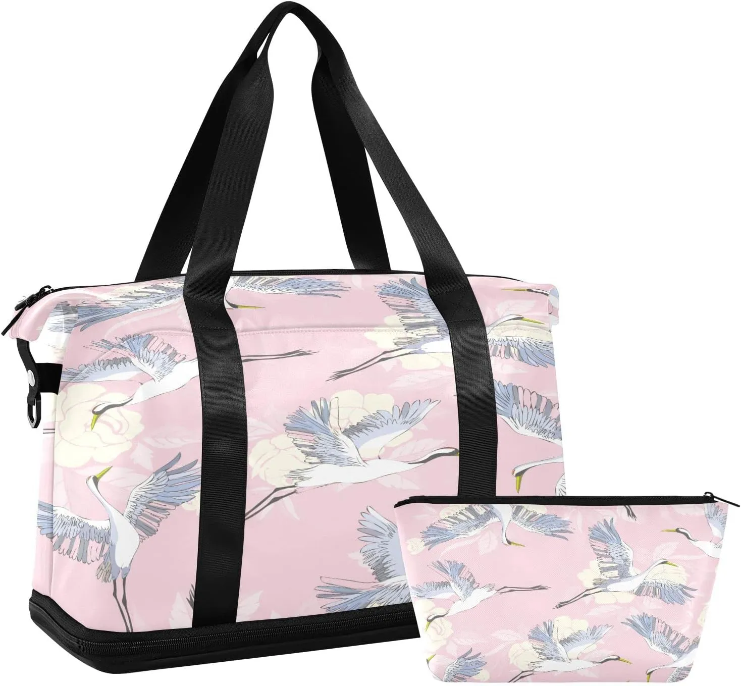 Travel Duffel Bag with Toiletry Bag, Large Sports Tote Gym Bag, Waterproof Packable Duffle Bag with Shoe Compartment, White Crane on Pink Weekender Overnight Bag Gym Bag for Women Men