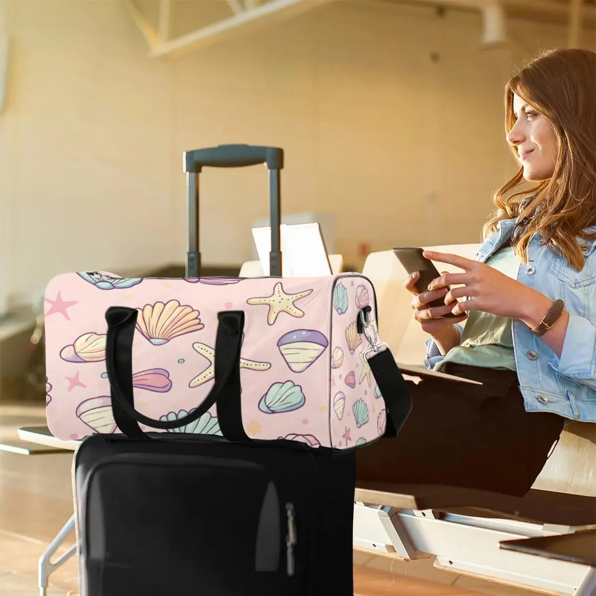 Travel Duffle Bag Cute Shells Starfish Gym Bags for Men Women Travel Duffel Bags with Adjustable Shoulder Strap Carry On Weekender Bag