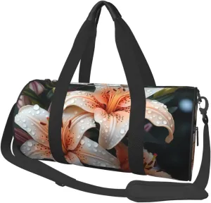 Travel Duffle Bag Lightweight Sports Gym Bag for Men Women Foldable Carry On Weekender Overnight Bag Cute Lily Flower Canvas Sport Duffel Bag for Yoga Business Trip, Black, One Size