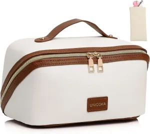 Travel Makeup Bag - Large Capacity Cosmetic Bag for Women, Portable Waterproof PU Leather Make up Organizer Bag Open Flat Toiletry Bag with Divider and Handle