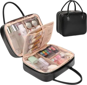 Travel Makeup Bag, Large Capacity Cosmetic Bag, Portable Make Up Bag Organizer for Women, Waterproof Cosmetic Travel Bag with Dividers and Brush Compartment for Cosmetics & Toiletries