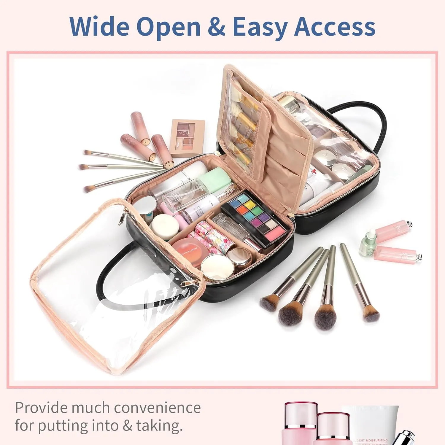 Travel Makeup Bag, Large Capacity Cosmetic Bag, Portable Make Up Bag Organizer for Women, Waterproof Cosmetic Travel Bag with Dividers and Brush Compartment for Cosmetics & Toiletries