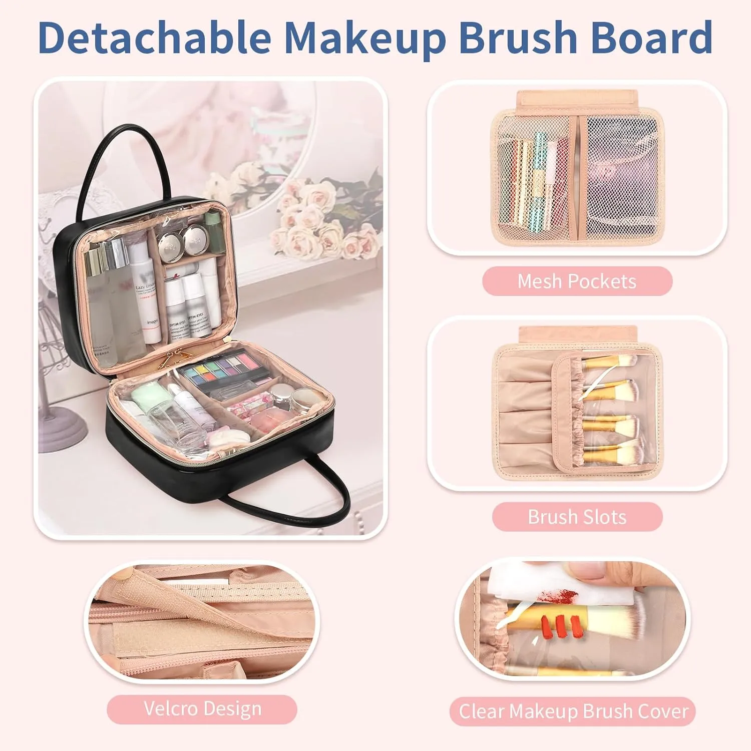 Travel Makeup Bag, Large Capacity Cosmetic Bag, Portable Make Up Bag Organizer for Women, Waterproof Cosmetic Travel Bag with Dividers and Brush Compartment for Cosmetics & Toiletries
