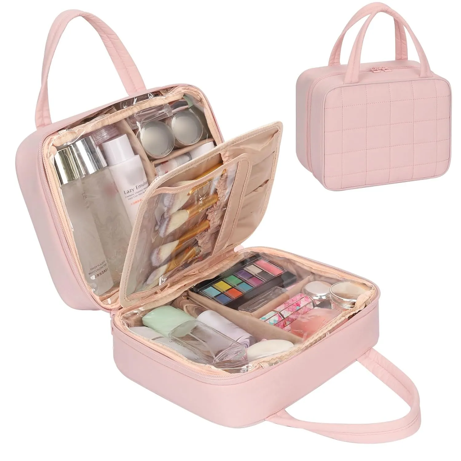 Travel Makeup Bag, Large Capacity Cosmetic Bag, Portable Make Up Bag Organizer for Women, Waterproof Cosmetic Travel Bag with Dividers and Brush Compartment for Cosmetics & Toiletries