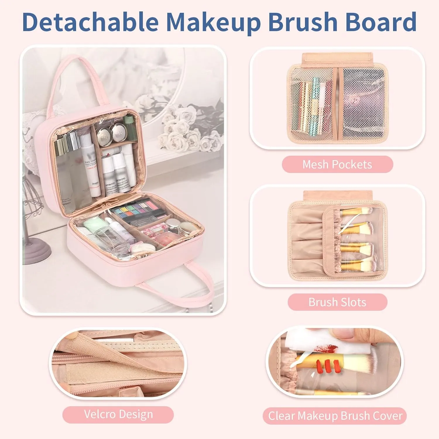 Travel Makeup Bag, Large Capacity Cosmetic Bag, Portable Make Up Bag Organizer for Women, Waterproof Cosmetic Travel Bag with Dividers and Brush Compartment for Cosmetics & Toiletries