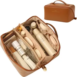 Travel Makeup Bag Organizer Countertop Case Toiletry Bag Cosmetic Bag for Women Vanity Storage Bathroom Counter Skincare Organizers Pouch with Divider and Handle Travel Essentials Gift for Girl