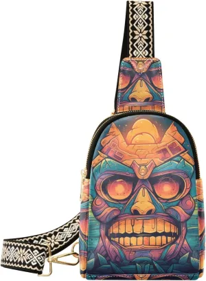 Tribal Statue Print Women Sling Bag with Adjustable Strap Zipper Closure, PU Leather Water Resistant Crossbody Bag Purse Chest Bag