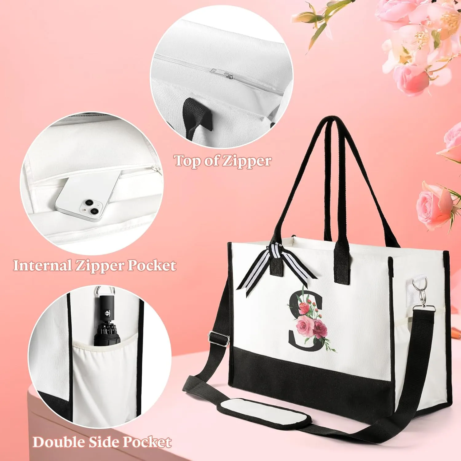 TRSODD Birthday Gifts for Women Mothers Day Gifts for Mom Wife Grandma Daughter Sister Teacher Initial Tote Bag and Makeup Bag