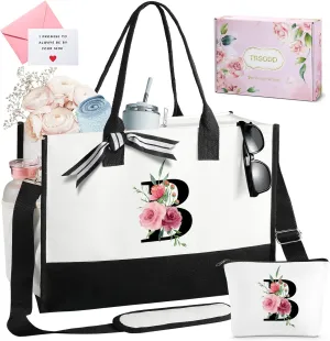 TRSODD Birthday Gifts for Women Mothers Day Gifts for Mom Wife Grandma Daughter Sister Teacher Initial Tote Bag and Makeup Bag