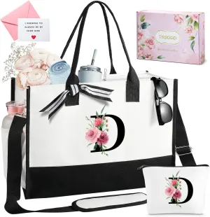 TRSODD Birthday Gifts for Women Mothers Day Gifts for Mom Wife Grandma Daughter Sister Teacher Initial Tote Bag and Makeup Bag