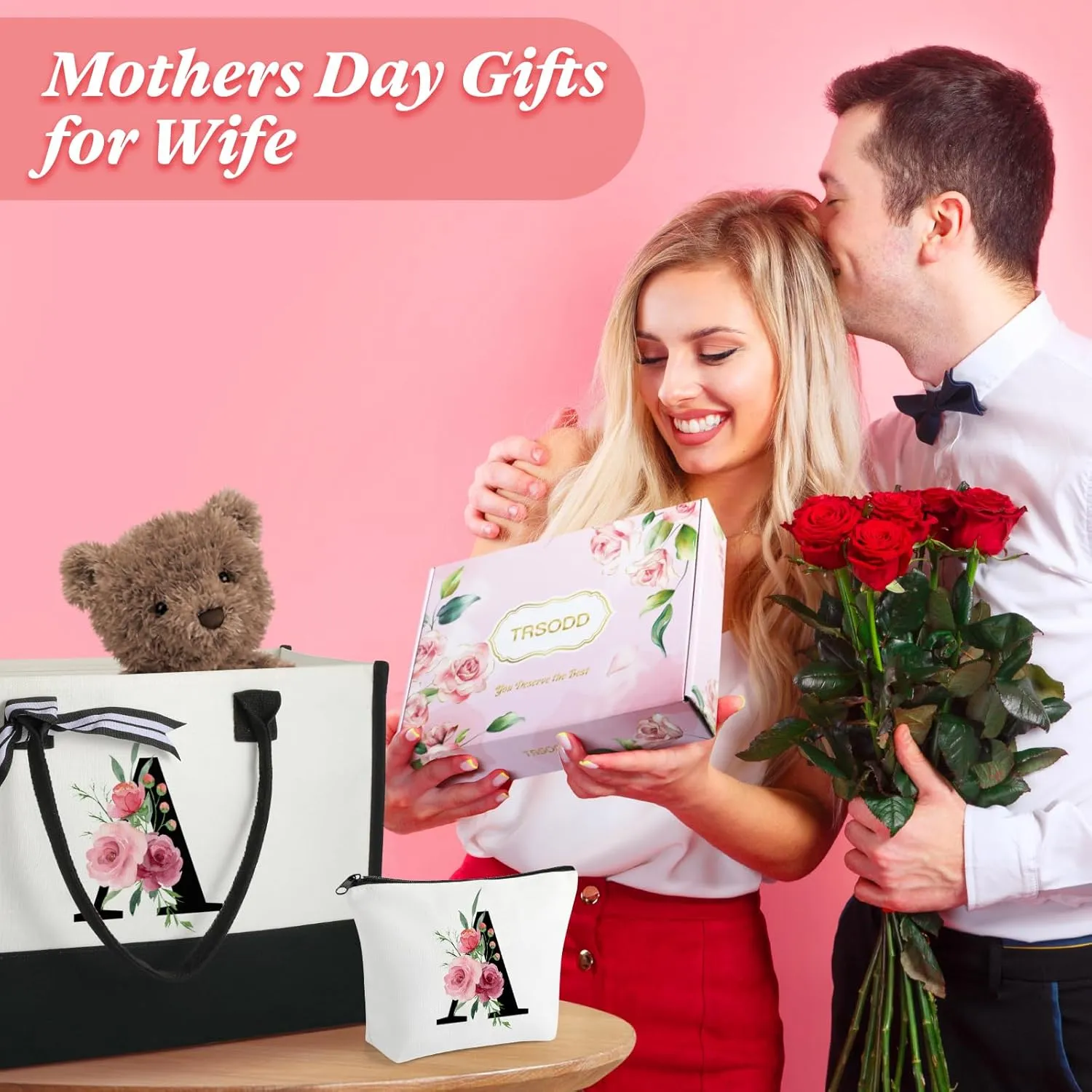 TRSODD Birthday Gifts for Women Mothers Day Gifts for Mom Wife Grandma Daughter Sister Teacher Initial Tote Bag and Makeup Bag