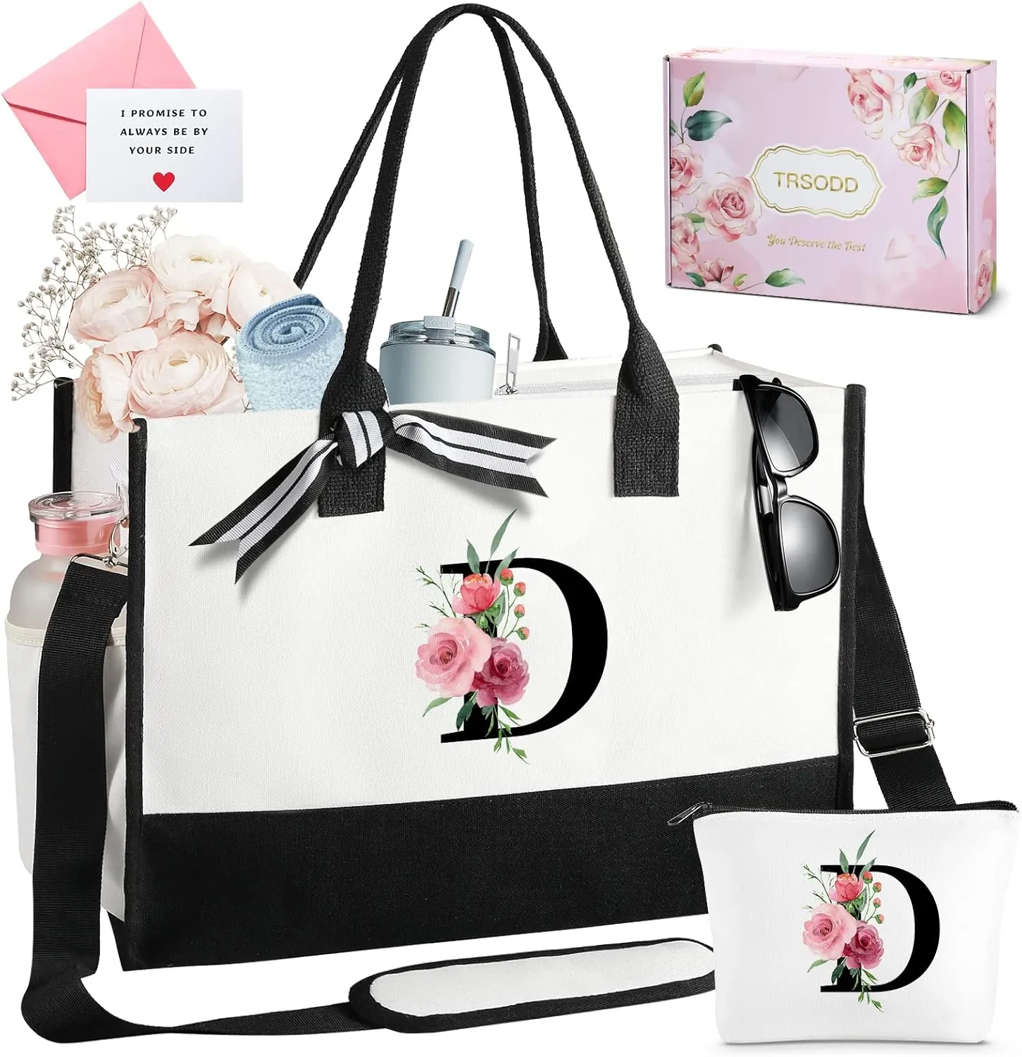 TRSODD Birthday Gifts for Women Mothers Day Gifts for Mom Wife Grandma Daughter Sister Teacher Initial Tote Bag and Makeup Bag