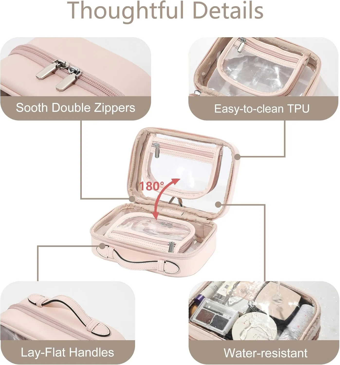 TSA Approved Clear Toiletry Bag, Leather Waterproof Travel Makeup Bag for Women, Portable Transparent Cosmetic Case with Double Layer 4 Compartments Zipper (Pink, Small)